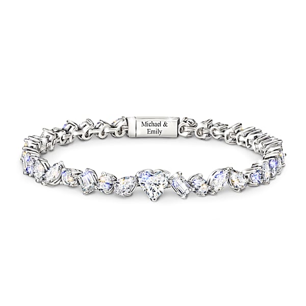 Personalized Platinum-Plated Bracelet Adorned With 30 Simulated Diamonds In A Variety Of Stone Cuts - Personalized Jewelry