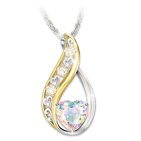 Personalized Cat Remembrance Pendant Adorned With A Heart-Shaped Crystal And Sculpted Paw Prints - Personalized Jewelry
