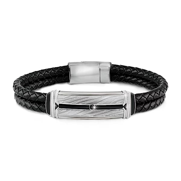Damascus Steel And Black Onyx Men's Leather Bracelet