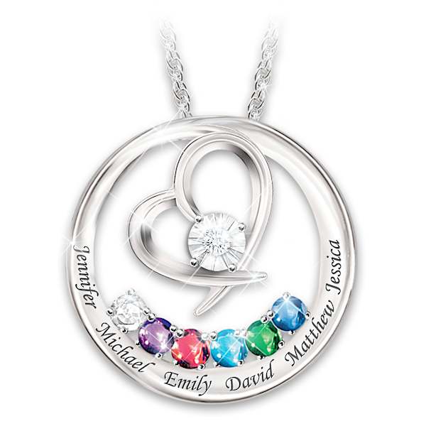 Genuine Diamond And Birthstone Necklace With Family Names