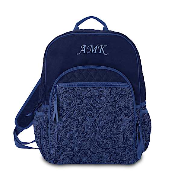 Blue Paisley Monogrammed Backpack With USB Charging Port