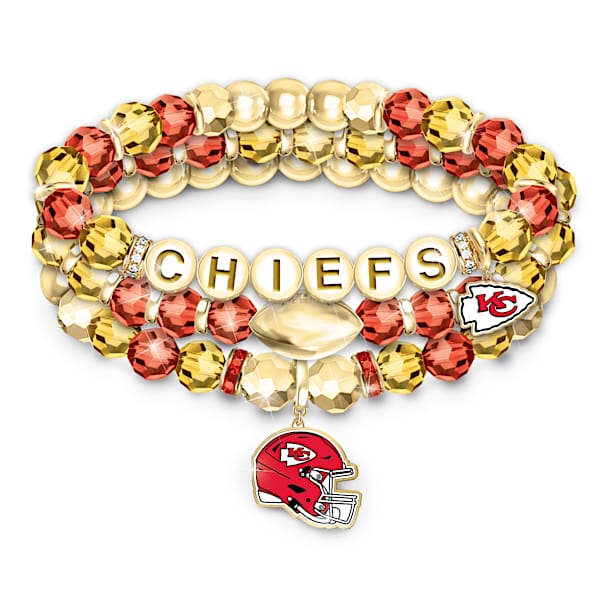 Chiefs Set Of 3 Crystal Beaded Sculpted Charm Bracelets