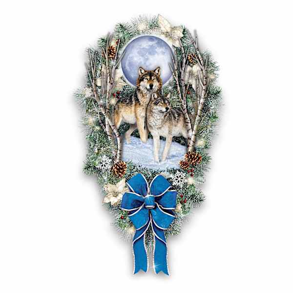 Al Agnew Light-Up Sculpted Wolf Art Wreath With Glowing Moon