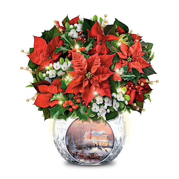 Artistic Light-Up Poinsettia Bouquet With Thomas Kinkade Art