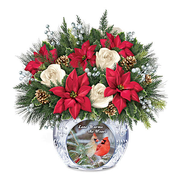 Faux Poinsettia & White Rose Bouquet With Cardinal Art Vase