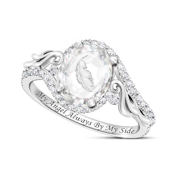 8-Carat Crystal With Etched Angel Feather Memorial Ring