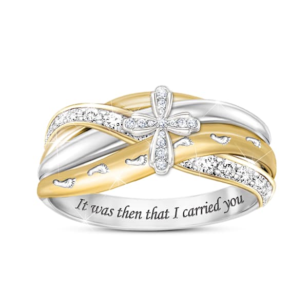 Footprints In The Sand Diamond Cross Ring With Poem Card