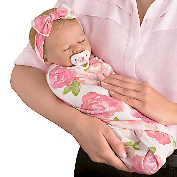 Marissa May Rosie Baby Doll With Custom Rose Print Swaddle Blanket