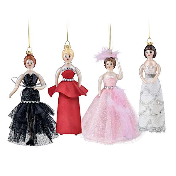 Blown Glass Merry And Chic Ornaments In Fabric Gowns