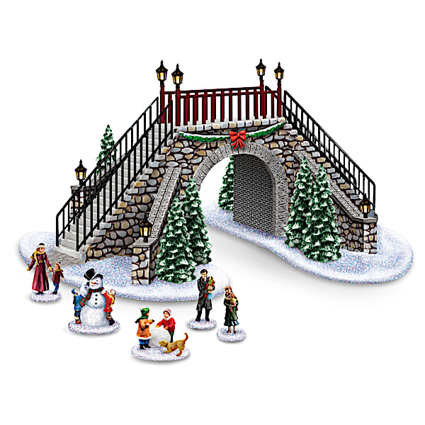 LED-Lit Holiday Crossing Bridge Sculpture With 5 Figurines