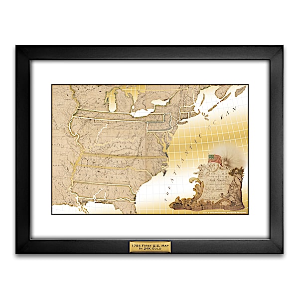 Framed Original United States Map Printed On Pure 24K Gold