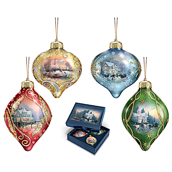 Thomas Kinkade Light Up Christmas Glass Ornament Collection with Timer