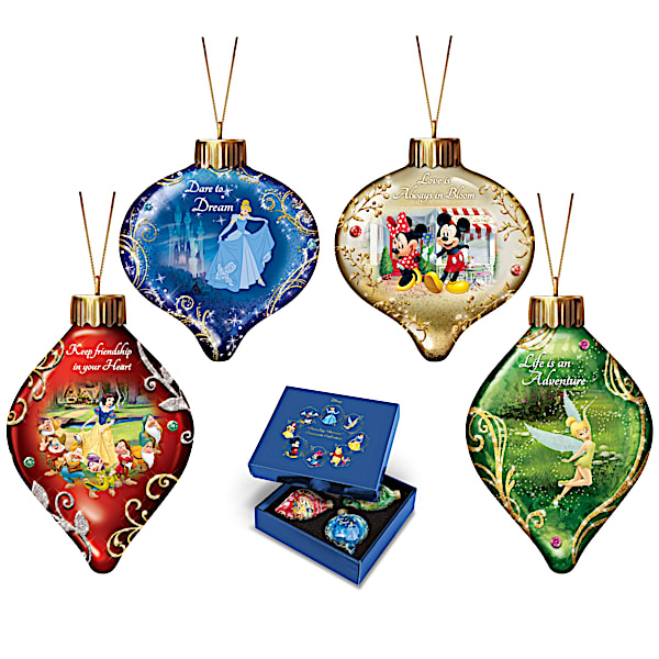Disney Dazzling Dreams Character Glass Ornament Collection Lights Up: Sets of 4