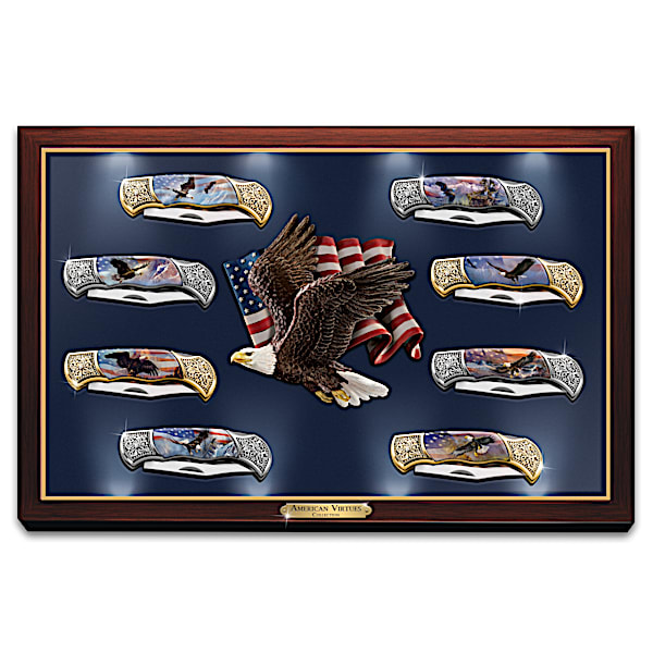 Folding Pocket Knife Collection with Ted Blaylock Eagle Art and Lighted Display
