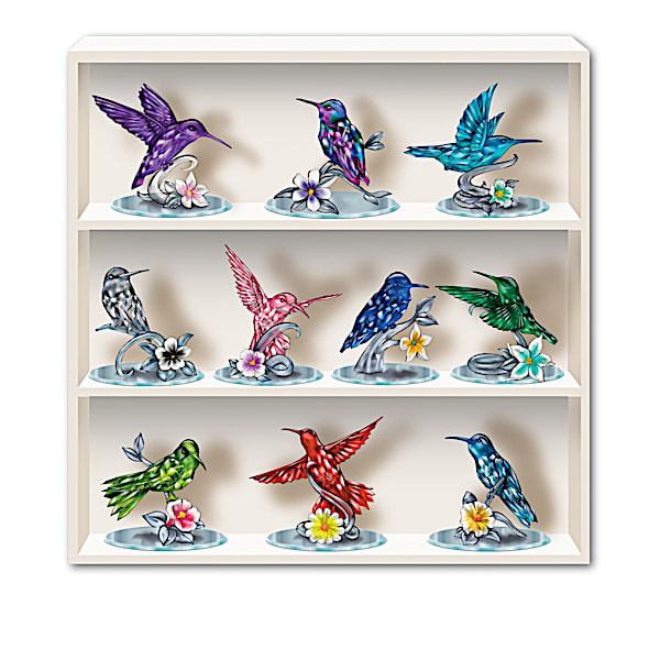 Lena Liu Gemstone Colored Crystalline Hummingbird Figurines with Display Case