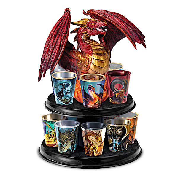 Matthew Stawicki Dragon Art Shot Glasses With Wooden Display