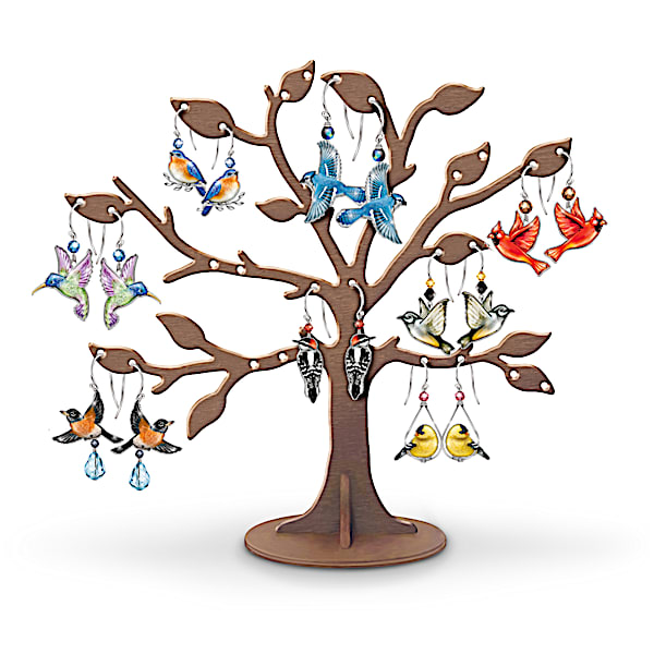 Seasonal Bird Earring Collection With Wooden Tree Display