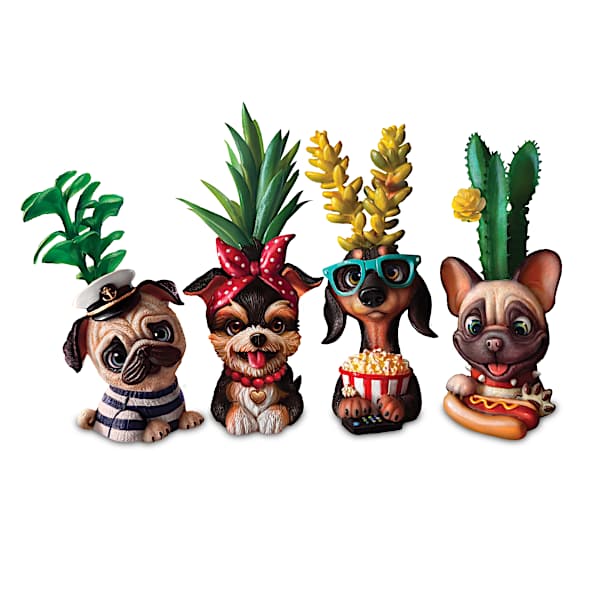 Playful Pup Sculpted Planters With Artificial Succulents