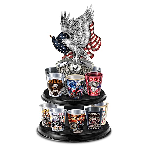 Patriotic Motorcycle Art Shot Glasses And Sculptural Display
