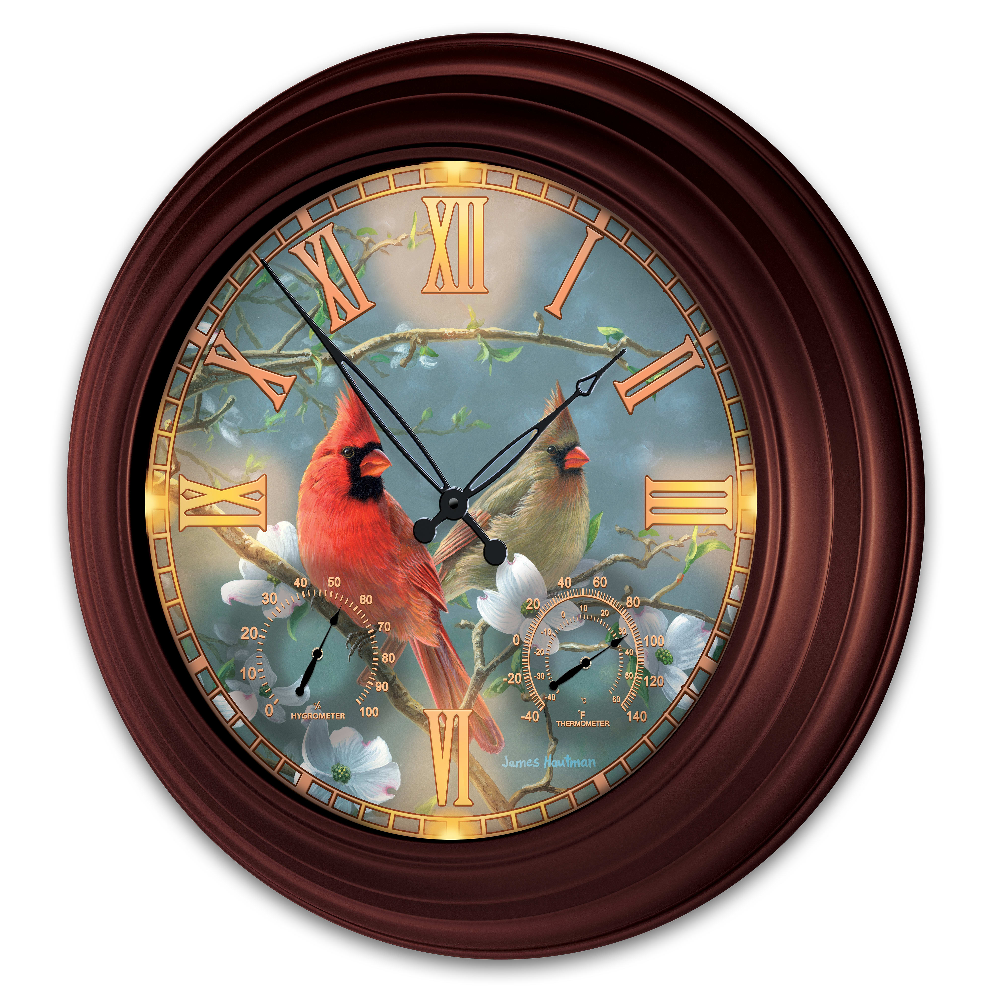 Natures Masterpiece Cardinal-Themed Outdoor Illuminated Atomic Wall Clock