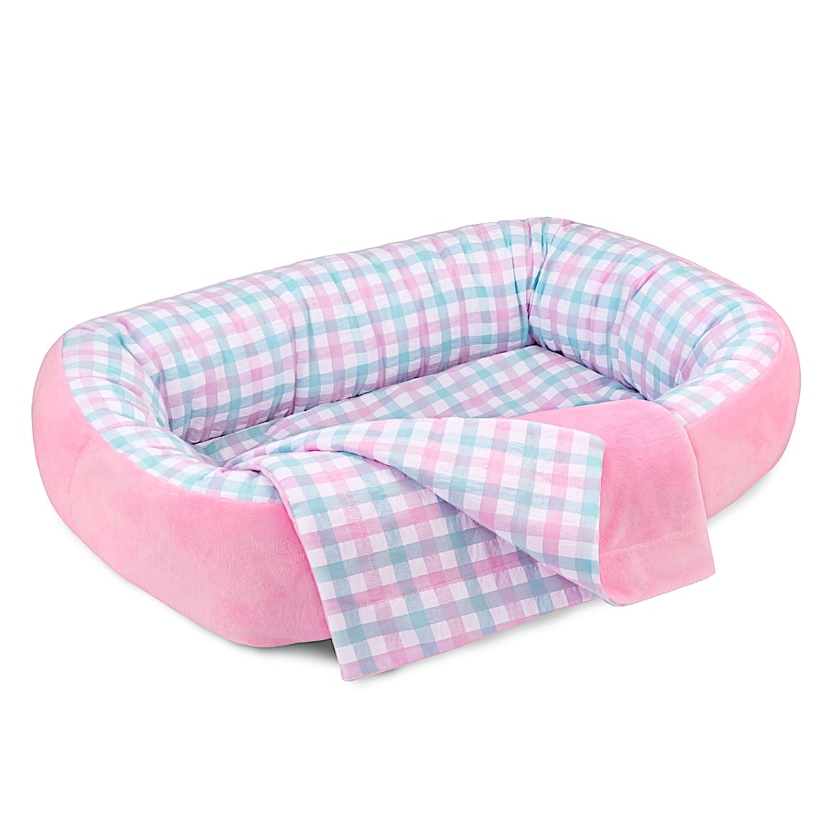 Reversible Pink Plaid Bassinet Baby Doll Accessory With A