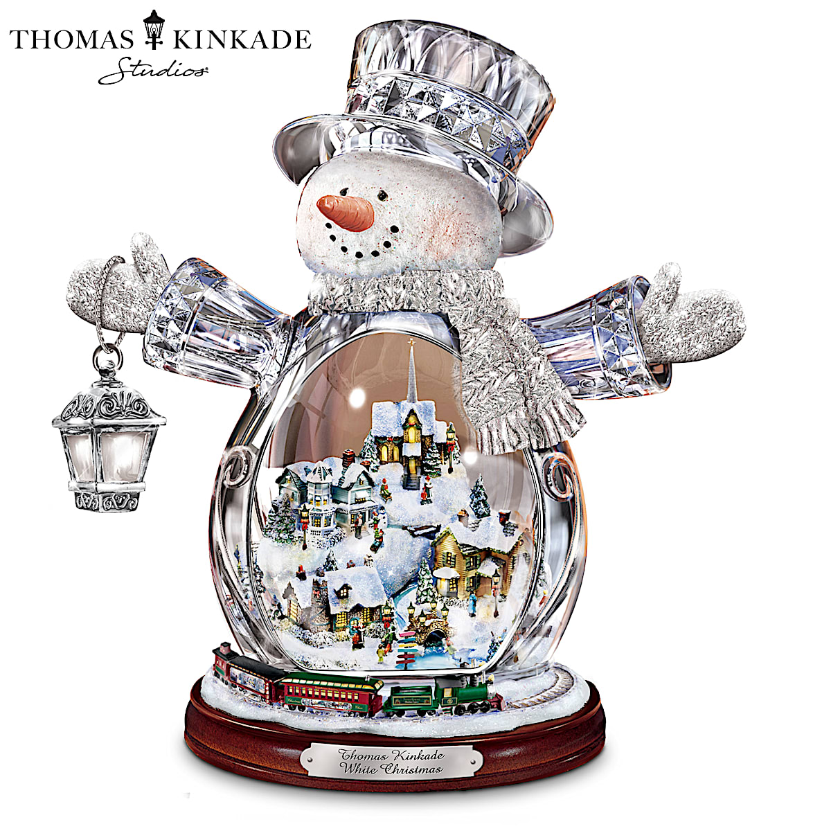 Thomas Kinkade Crystal Snowman With Village, Moving Train