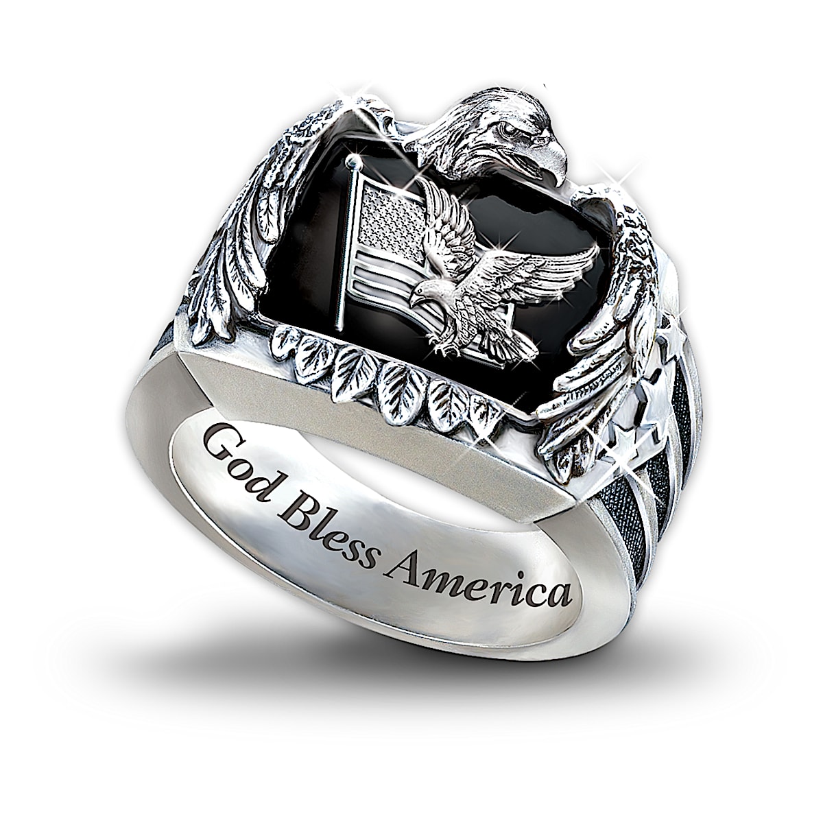 Patriotic American Eagle Mens Sterling Silver Ring