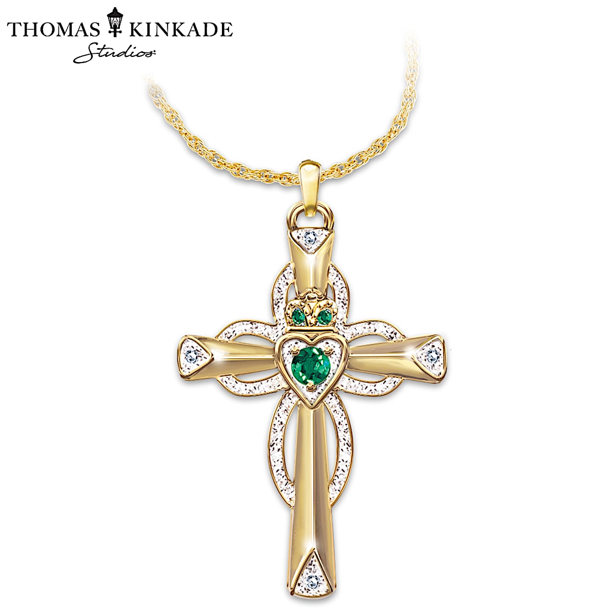 Thomas Kinkade Emerald Diamond Claddagh Cross Pendant Necklace