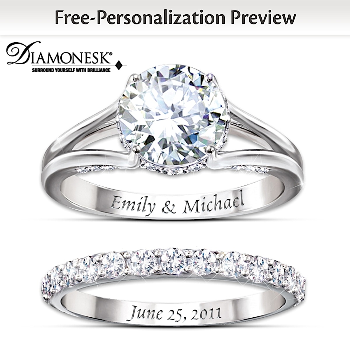 Diamonesk Personalized Engagement Ring And Wedding Band Set