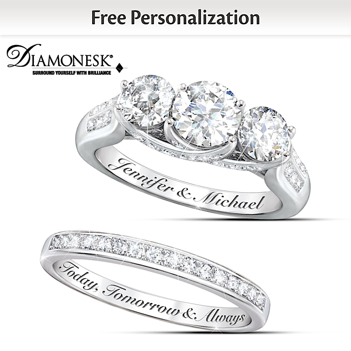 Diamonesk Personalized Engraved Engagement Ring And Wedding Band Set