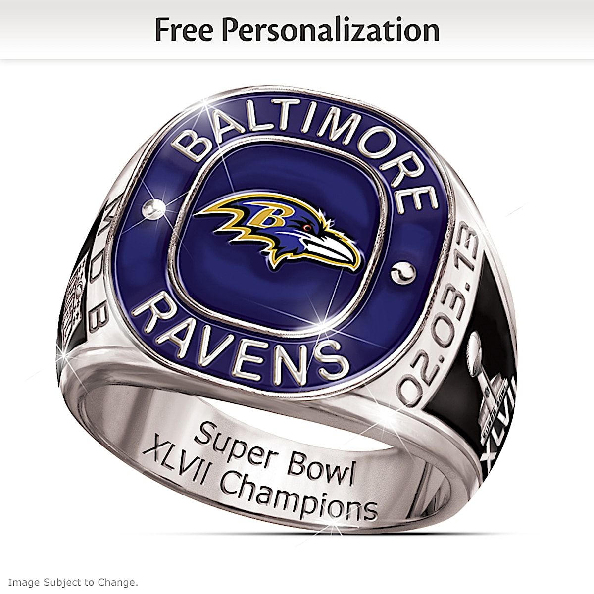 Personalized Champions Commemorative Mens Ring: Baltimore Ravens