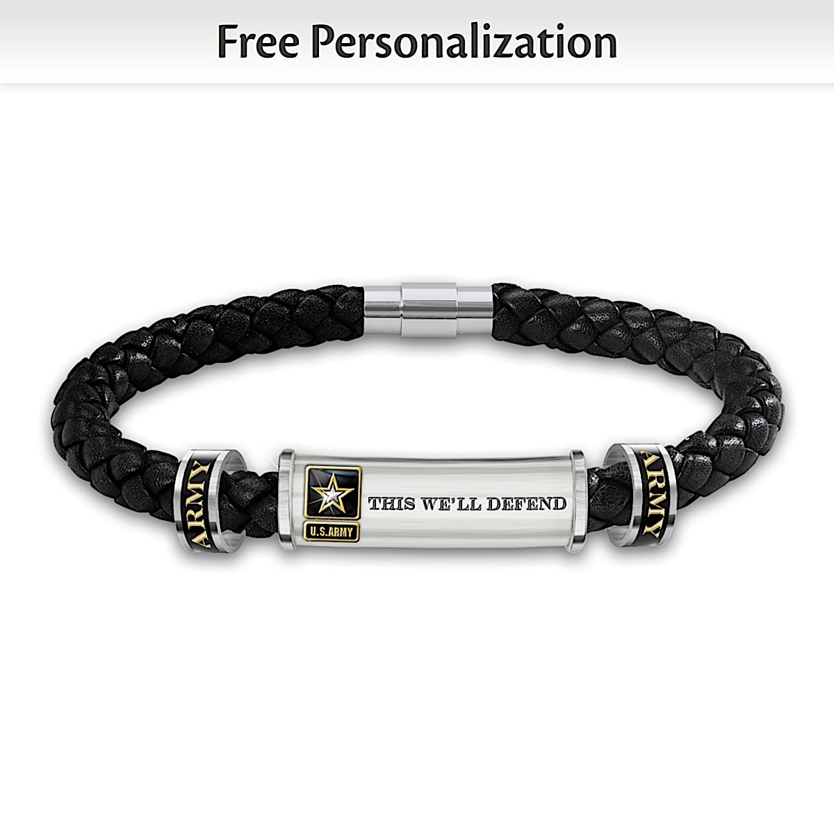 U.S. Army Personalized Mens Stainless Steel Leather Bracelet