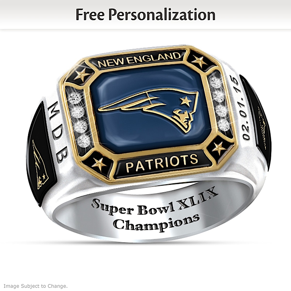 New England Patriots Super Bowl XLIX Champions Patriots Pride Personalized Mens Ring