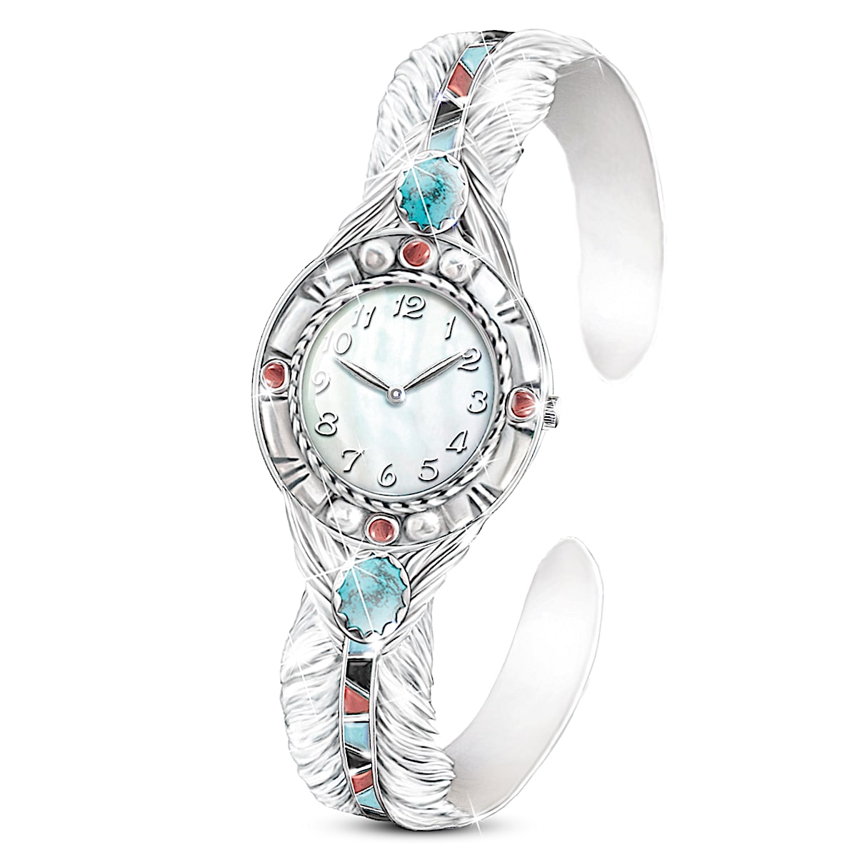 The Bradford Exchange Silver Cuff Watch with Turquoise & Red Accents, new in box Sterling Silver Men main image 2