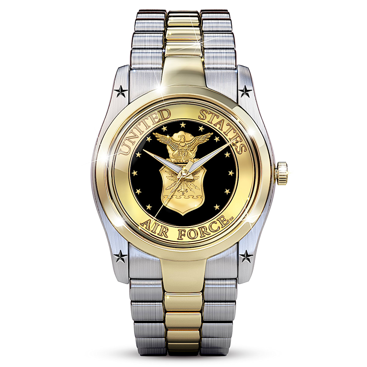 U.S. Air Force Mens Two Tone Stainless Steel Watch Featuring The USAF Emblem On The Watch Face Adorned With A Diamond At The 12 Oclock Marker
