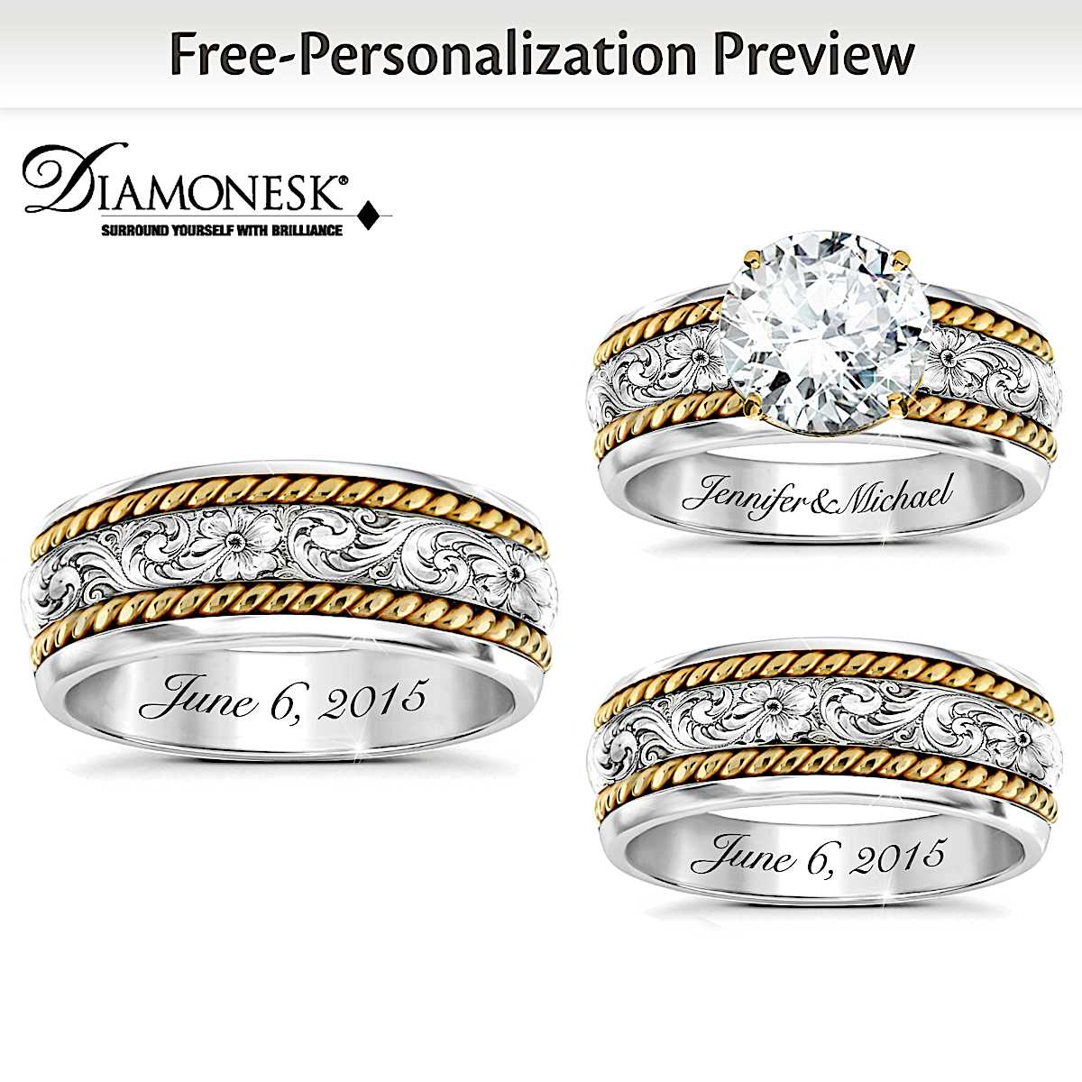 Western Romance His & Hers Personalized Sterling Silver Wedding Ring Set