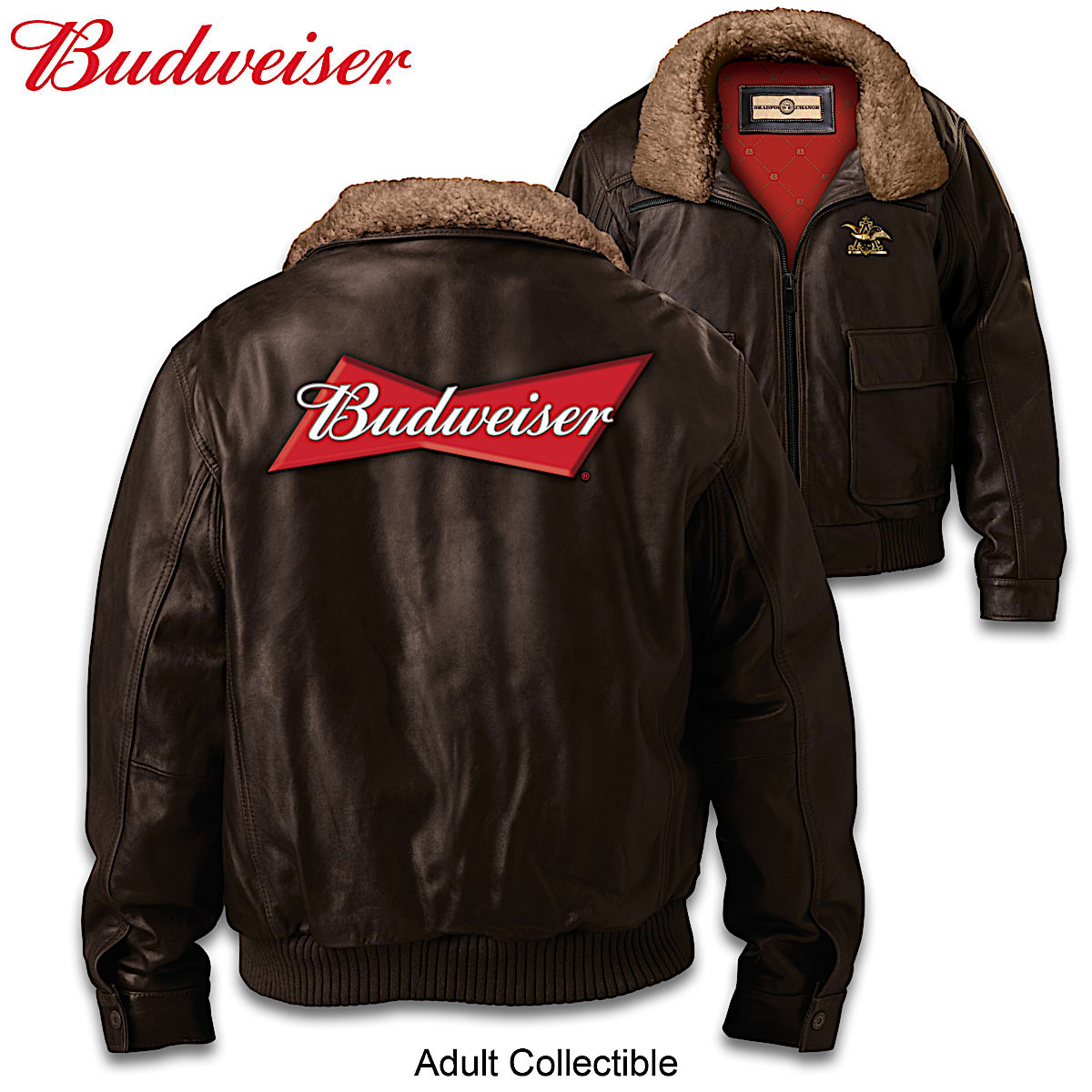 Budweiser Mens Leather Bomber Jacket