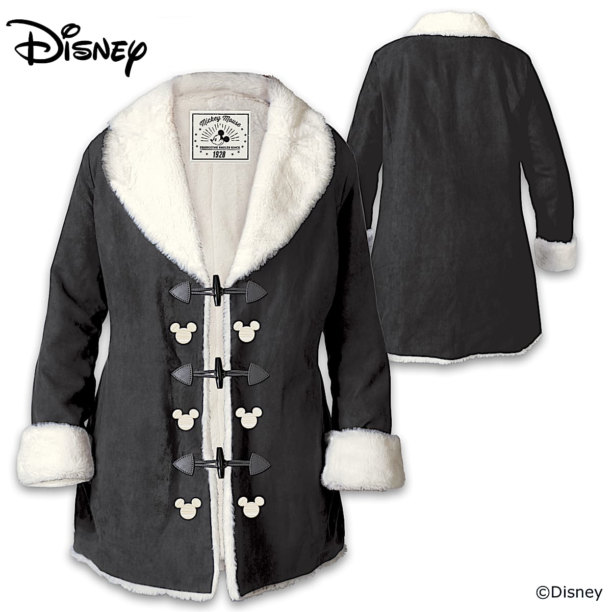 Disney Cozy Classic Womens Faux Suede Jacket With Toggle Closures Embroidered Mickey Mouse Silhouettes