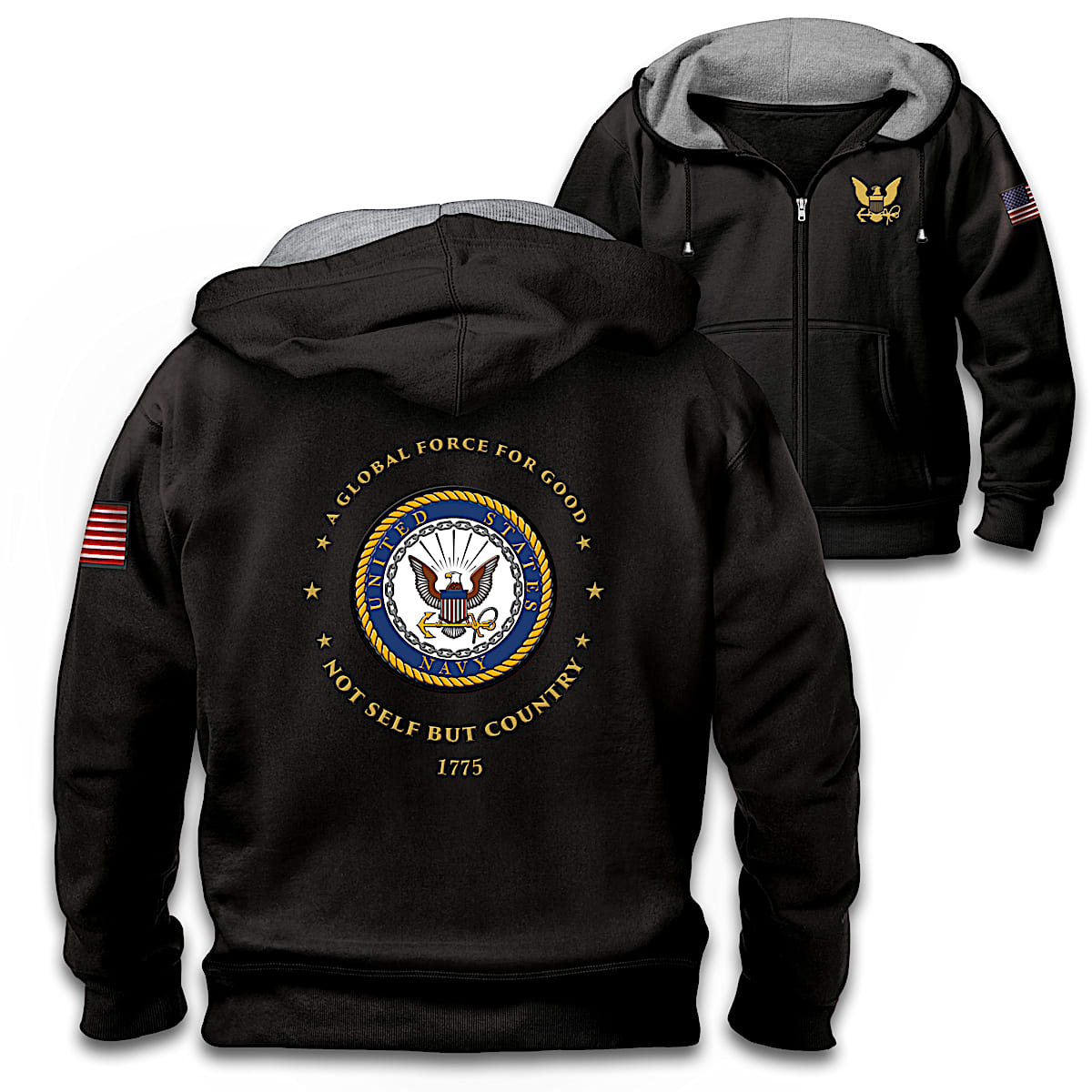 Proud To Serve U.S. Navy Mens Black Knit Fleece Front-Zip Hoodie