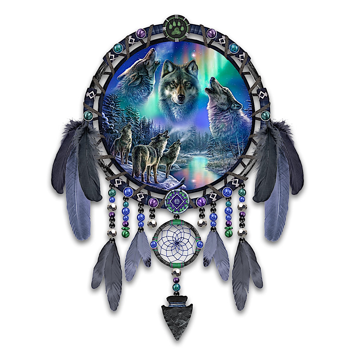 Aurora Borealis Illuminated Native American Inspired Dreamcatcher Wall Decor Featuring Color Changing Illumination Wolf Art By James Meger