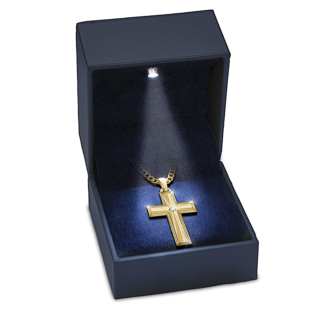 Mens Religious Cross Necklace With Genuine White Sapphire 24K Gold Ion Plating And Custom LED Illuminated Display Box