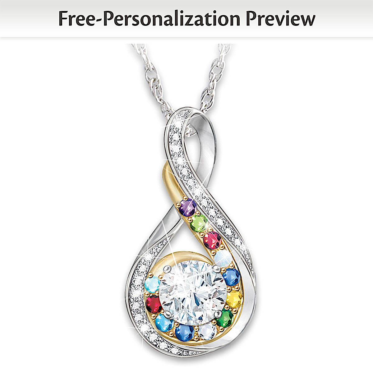 Infinity Pendant With 18K Gold Plated Accents And Personalized With Up To 12 Gemstone Birthstones