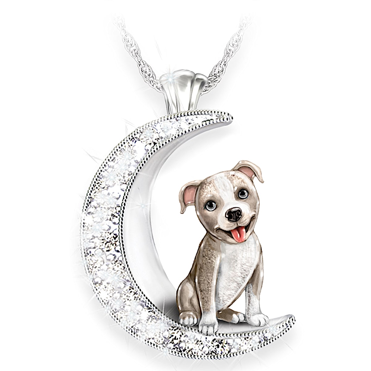 Pit Bull Pup Swarovski Crystal Moon Pendant Necklace