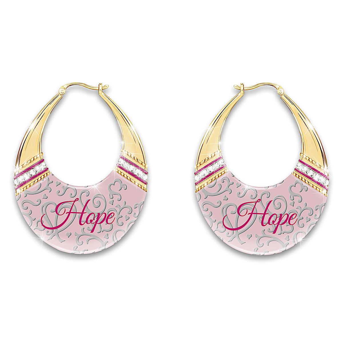 Hope Breast Cancer Awareness Gold-Toned Hoop Earrings Adorned With Pink ...