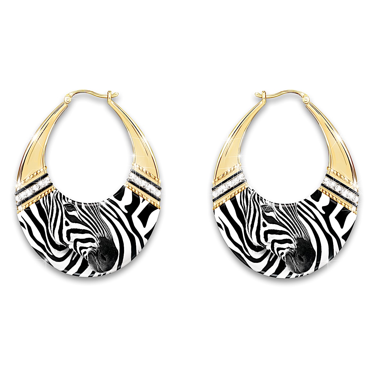 Zebra Print Gold Toned Hoop Earrings Adorned With Black And White Zebra Print Art And 12 Crystal Accents