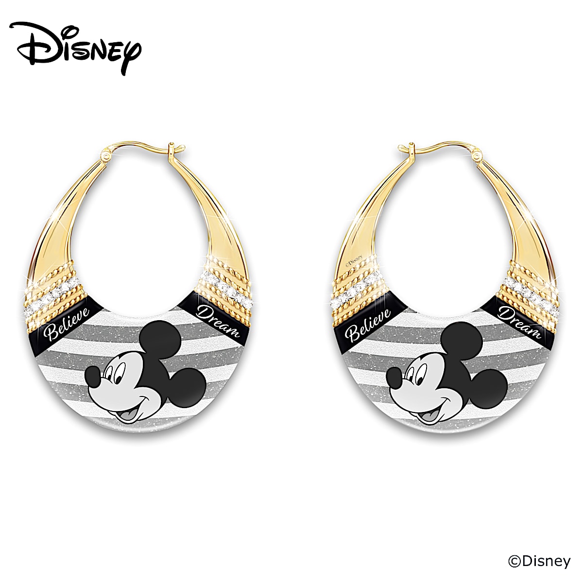 Disney Mickey Mouse Gold Toned Hoop Earrings Adorned With Mickey Mouse Art Against A Black White Striped Background Adorned With 12 Crystal Accents