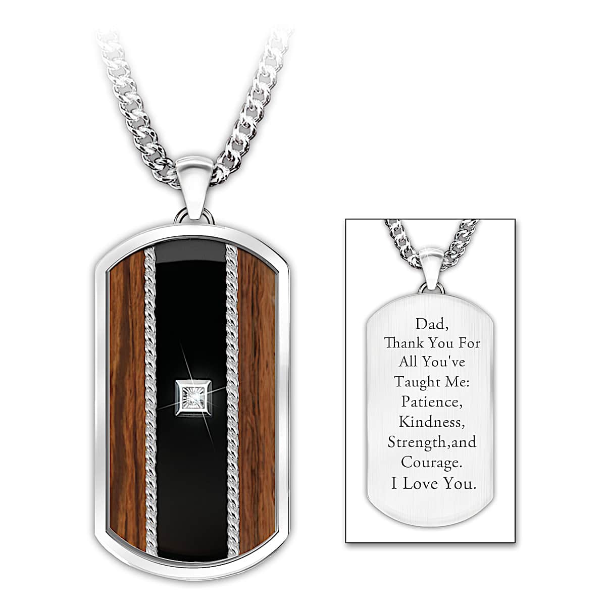 Mens Steel Stainless Dog Tag Pendant Inlaid With Onyx And Wood And
