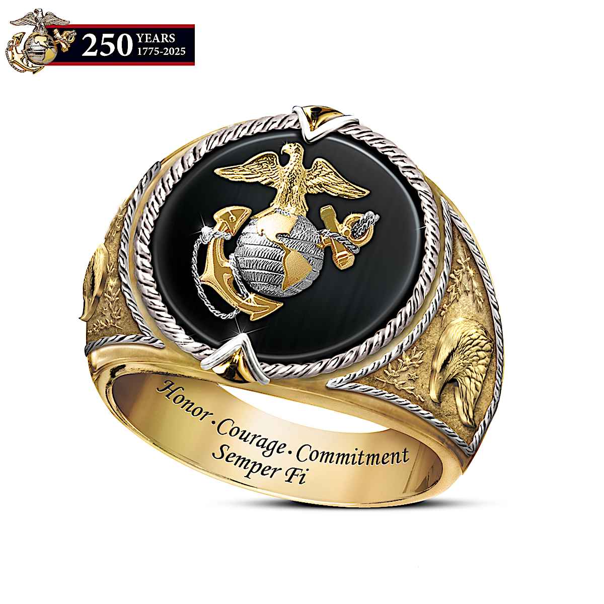 Semper Fi Mens USMC Sterling Silver Ring Featuring A Custom Cut Genuine  Black Onyx Center Stone & 18K-Gold Plating