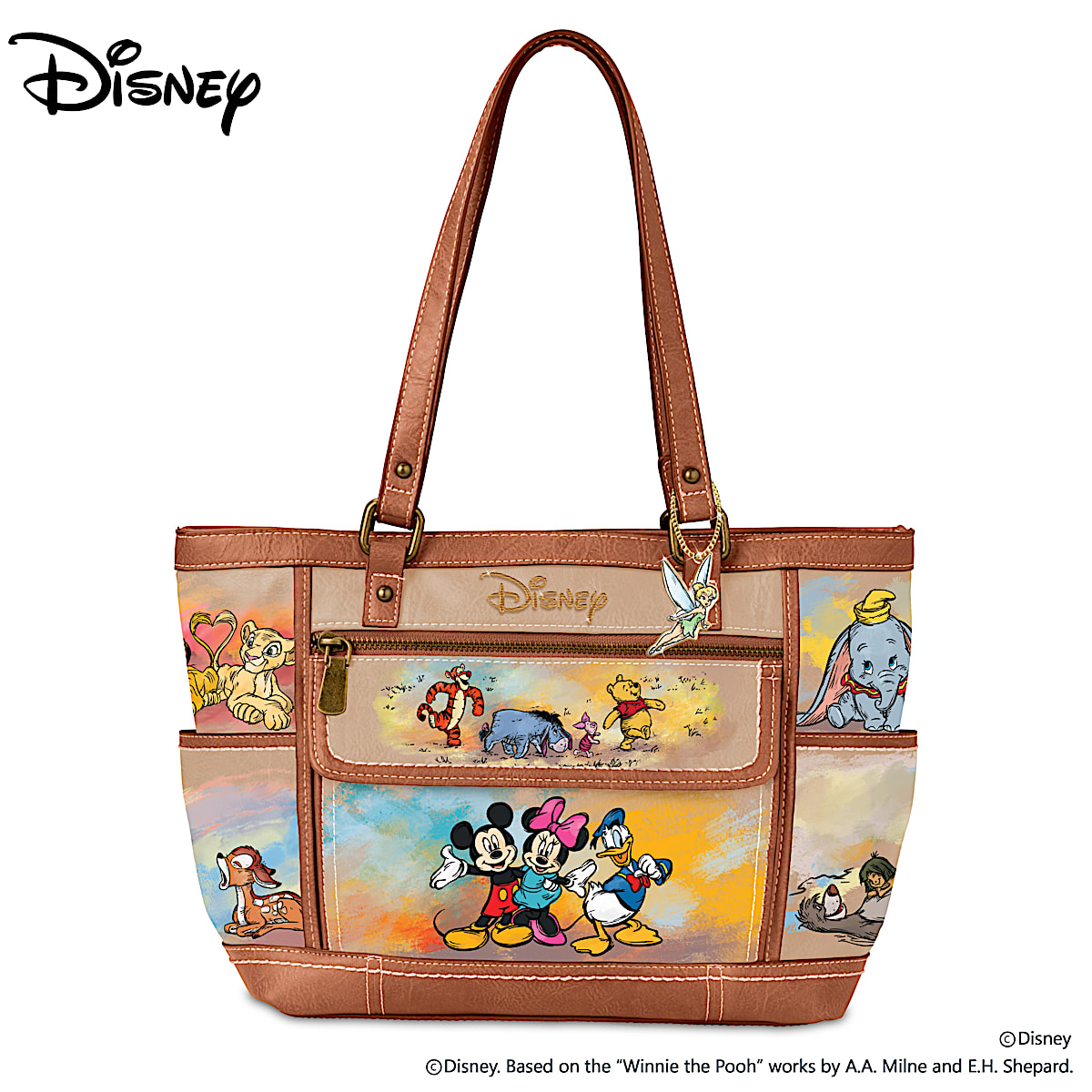 Disney Masterpiece Of Magic Beige Faux Leather Designer Style Handbag Featuring A Whimsical Watercolor Print Artwork Of Over 20 Beloved Characters