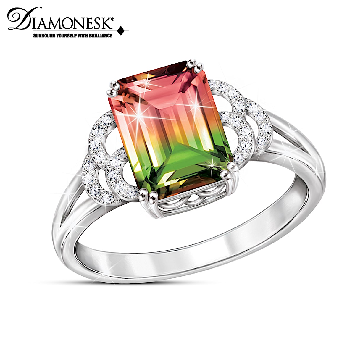 Simulated Watermelon Tourmaline Simulated Diamond Ring